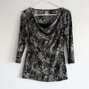 90s Believe Black & White Cowl Neck Floral Top